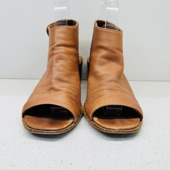 Mimosa Tan Camel Genuine Soft Leather Shoes Peep Toe Stacked Heel Sandals Sz 37 - Picture 3 of 15